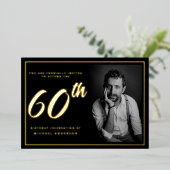 60. Geburtstag Foto Black Gold Elegant Folieneinladung (Stehend vorne)
