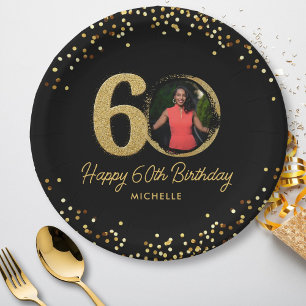 60. Geburtstag Foto Chic Black Gold Glitzer Custom Pappteller