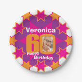 60. Geburtstag Foto Name rosa Sternenschild Pappteller (Vorderseite)