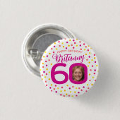 60. Geburtstag Foto rosa goldgelbe Konfetti Button (Vorne & Hinten)