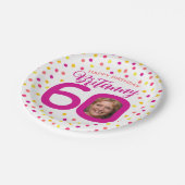60. Geburtstag Foto rosa goldgelbe Konfetti Pappteller (Schrägansicht)
