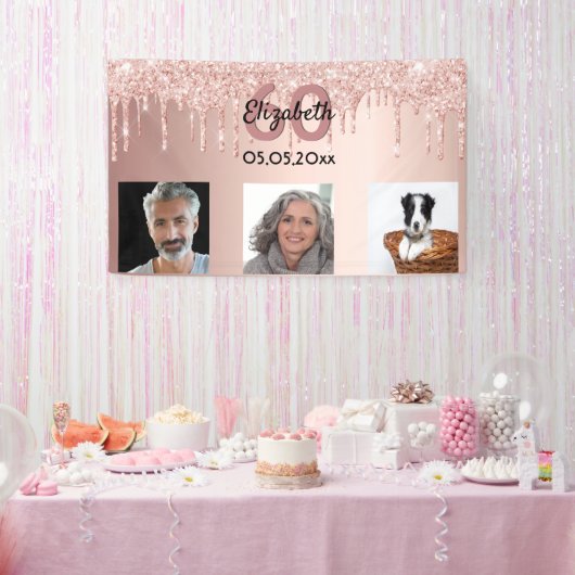 60. Geburtstag Foto Rose Gold Rosa Glitzer Banner (Party)