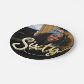 60. Geburtstag Foto-Skript Goldfarbe Pappteller (Schrägansicht)