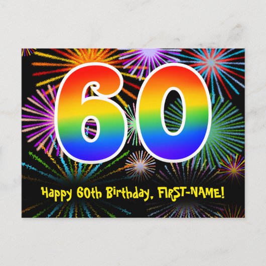 60. Geburtstag - Fun Fireworks Pattern + Regenboge Postkarte (Vorderseite)