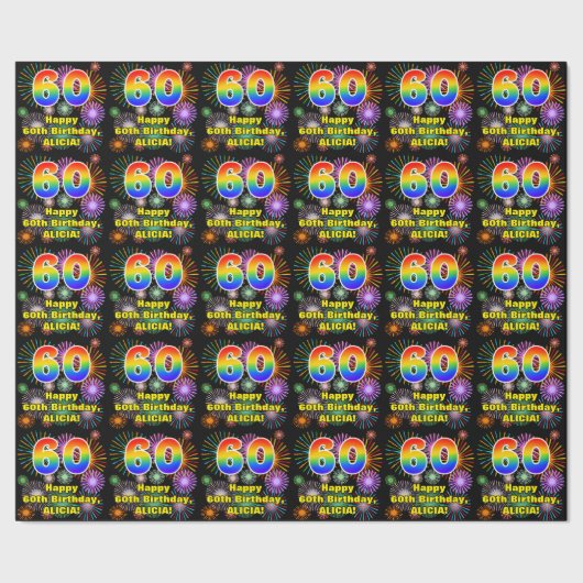 60. Geburtstag: Fun Fireworks, Rainbow Look # "60" Geschenkpapier (Saum)