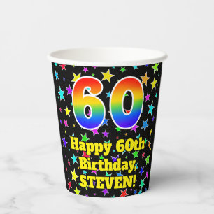 60. Geburtstag: Fun Stars Muster und Regenbogen 60 Pappbecher
