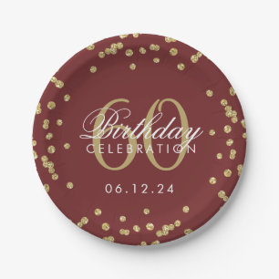 60. Geburtstag Glitzer Confetti Burgund Pappteller