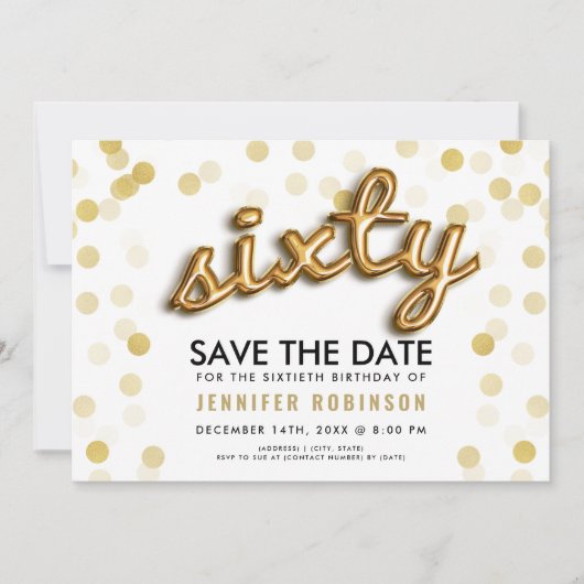60. Geburtstag Gold Balloons Glitzer Einladung (Vorderseite)