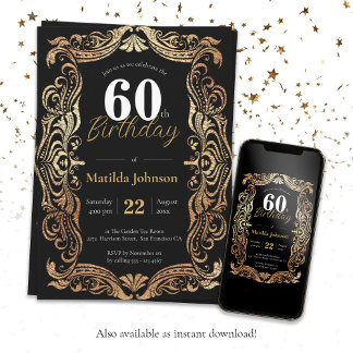 60. Geburtstag Gold Black Boho Glamour Elegant Einladung