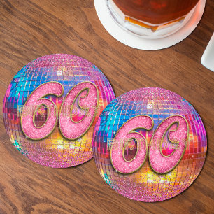 60. Geburtstag Gold Rosa Glitter Tanz Disco Kugel Runder Pappuntersetzer