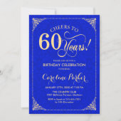 60. Geburtstag - Gold Royal Blue Damask Einladung (Vorderseite)