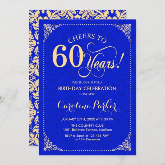 60. Geburtstag - Gold Royal Blue Damask Einladung (Vorne/Hinten)
