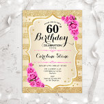 60. Geburtstag - Gold Streifen Rosa Rosen Einladun Einladung<br><div class="desc">Einladung zum 60. Geburtstag. Elegantes Design in Gold und Rosa. Features Imitate Glitzer goldene Streifen,  rosa Rosen stilvolle Skript-Schriftart und Konfetti. Ideal für eine gläserne Geburtstagsfeier.</div>