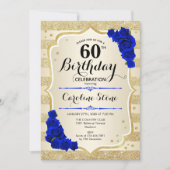 60. Geburtstag Gold Streifen Royal Blue Rose Einladung (Vorderseite)