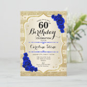 60. Geburtstag Gold Streifen Royal Blue Rose Einladung (Stehend Vorderseite)