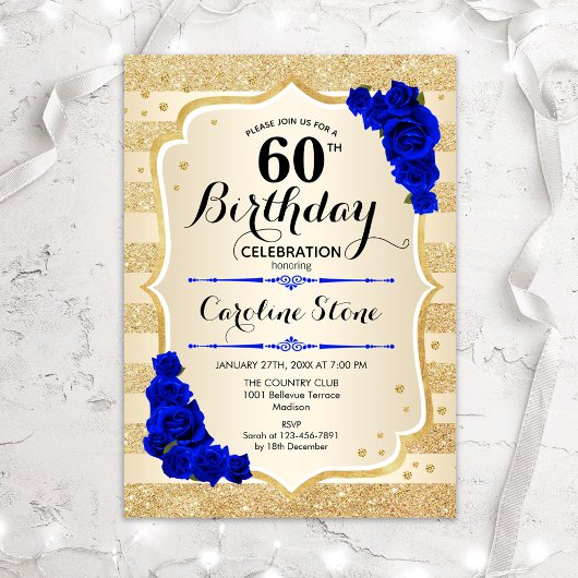 60. Geburtstag Gold Streifen Royal Blue Rose Einladung