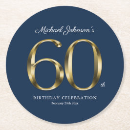 60. Geburtstag Gold Typografie Navy Blue Custom Runder Pappuntersetzer
