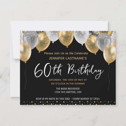 60. Geburtstag Gold und Schwarz Einladung (Vorderseite)