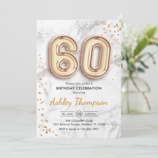 60. Geburtstag - Goldballons Marmoreffekt Einladung (Stehend Vorderseite)