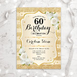 60. Geburtstag - Goldränder Weiße Rosen Einladung<br><div class="desc">Einladung zum 60. Geburtstag. Elegantes Blumendesign in Gold und Weiß. Features Imitate Glitzer goldene Streifen,  weiße Rosen stilvolle Skript-Schriftart und Konfetti. Ideal für eine gläserne Geburtstagsfeier.</div>
