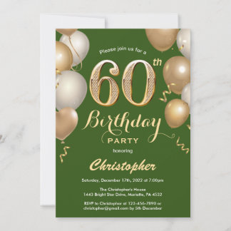 60. Geburtstag Green und Gold Balloons Confetti Einladung