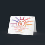 60. Geburtstag - handgezeichneter mehrfarbiger Son Karte<br><div class="desc">60. Geburtstagskarte. Alter 60, mehrfarbiger Radialsonnenbrand und kleine Blume - hell, handgezeichnet, in Fotoshop farbig. Anpassbarer Text: auf der Vorderseite der Karte: Happy Birthday und Name. Anpassbarer Text: Insider-Karte: Herzlichen Glückwunsch zum 60. Geburtstag. Sie können den Text nach Belieben bearbeiten oder löschen, indem Sie auf "Diese Vorlage personalisieren" klicken. Weitere...</div>