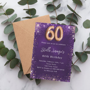 60. Geburtstag lila Rose Gold Glitzer Einladung