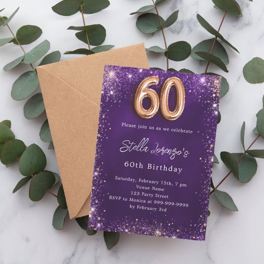 60. Geburtstag lila Rose Gold Glitzern Einladung
