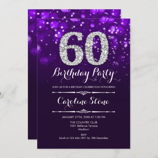 60. Geburtstag - Lila Silber Einladung (Vorne/Hinten)
