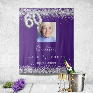 60. Geburtstag lila silbernes Foto Glitter Willkom Wandteppich