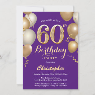 60. Geburtstag Lila und Gold Balloons Confetti Einladung