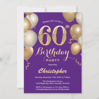 60. Geburtstag Lila und Gold Balloons Confetti Einladung