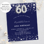 60. Geburtstag Marine blau Silber Einladung Flyer<br><div class="desc">Bitte beachten Sie, dass diese Einladung auf Flyer Papier und sehr dünn ist. Umschläge sind nicht enthalten. Für dickere Einladungen (gleiche Gestaltung) besuchen Sie bitte unseren Shop. Eine moderne, stilvolle und glamouröse Einladung zu einer 60. Geburtstagsfeier. Ein marineblau-blauer Hintergrund, mit Imitaten verziert, die silberne Sterne tragen. Personalisieren Sie Ihren Namen...</div>