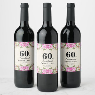 60. Geburtstag mit Blumen auf funkelndem Wein beig Weinetikett