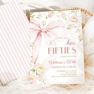 60. Geburtstag mit rosa Schleife und floralen Elem Einladung