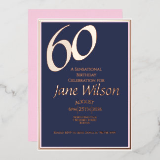 60. Geburtstag Modern Elegant Rosa Folie Navy Folieneinladung