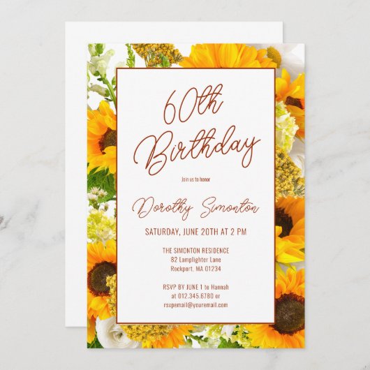 60. Geburtstag Moderne Sonnenblumenblume Einladung (Vorne/Hinten)