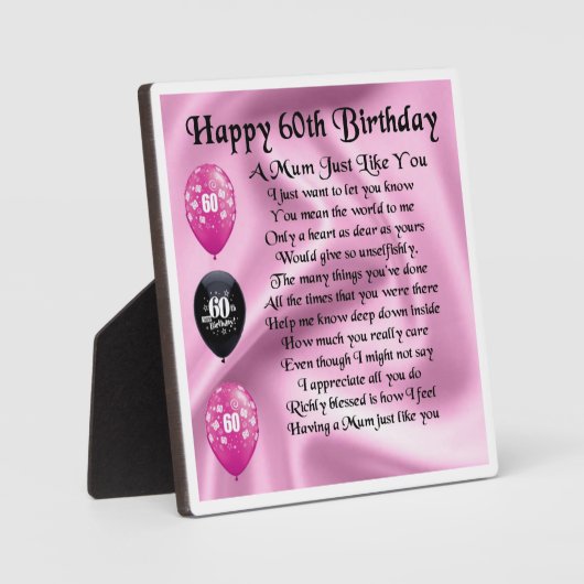 60. Geburtstag Mum Poem Plaque Fotoplatte (Vorderseite)