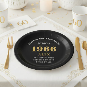 60. Geburtstag Name 1966 Schwarz Gold Elegant Chic Pappteller