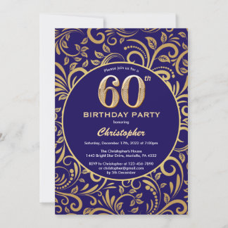 60. Geburtstag Navy Blue and Gold Floral Muster Einladung