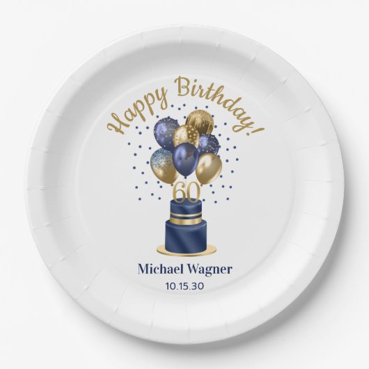 60. Geburtstag Navy Blue Balloon Cake Pappteller (Vorderseite)