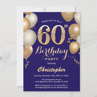 60. Geburtstag Navy Blue und Gold Balloons Confett Einladung