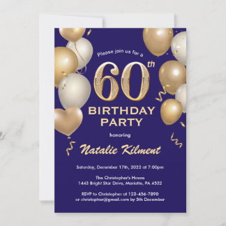 60. Geburtstag Navy Blue und Gold Glitzer Balloons Einladung