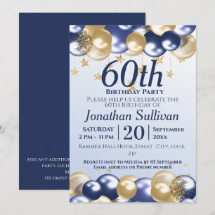 60. Geburtstag Navy Gold Ballons Party Einladung