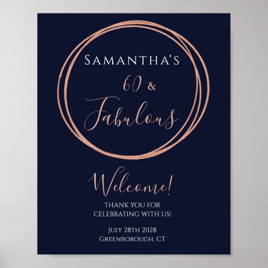 60. Geburtstag Navy Rose Gold Party Willkommen Poster (Vorne)