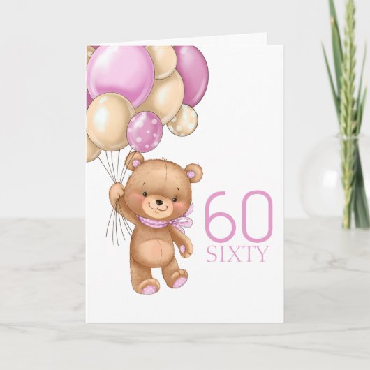 60. Geburtstag niedliche rosa Ballons Mädchen Tedd Karte (Vorderseite)
