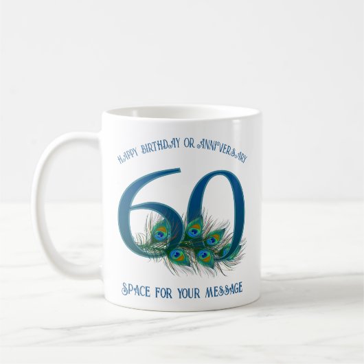 60. Geburtstag oder Jubiläum Pfauenfeder Kaffeetasse (Links)