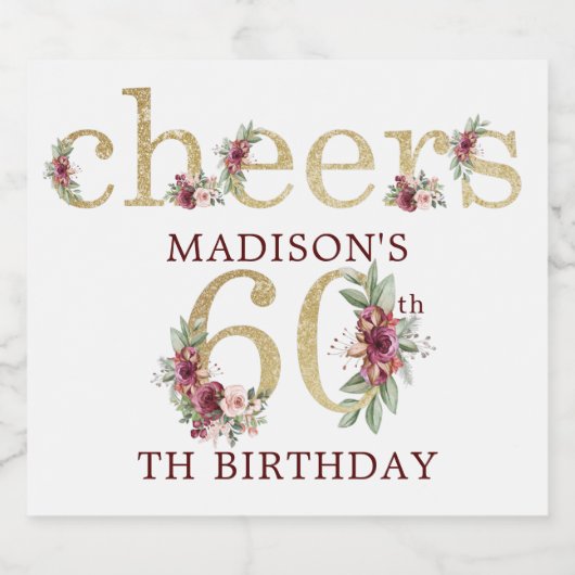 60. Geburtstag Personalisierte Goldflora Schaumweinetikett (Einzelnes Label)