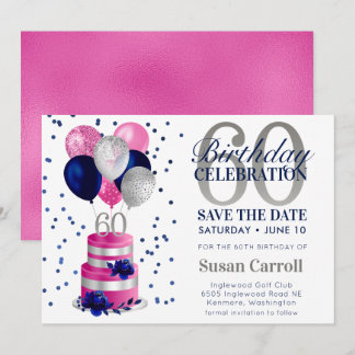 60. Geburtstag Pink Cake Save the Date Einladung