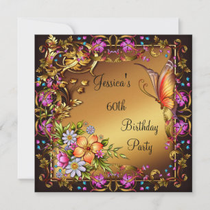 60. Geburtstag Pink Floral Schmetterling Gold Schw Einladung